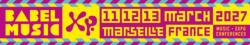 Babel Music XP cartel horizontal con colores amarillo, azul y rosa.