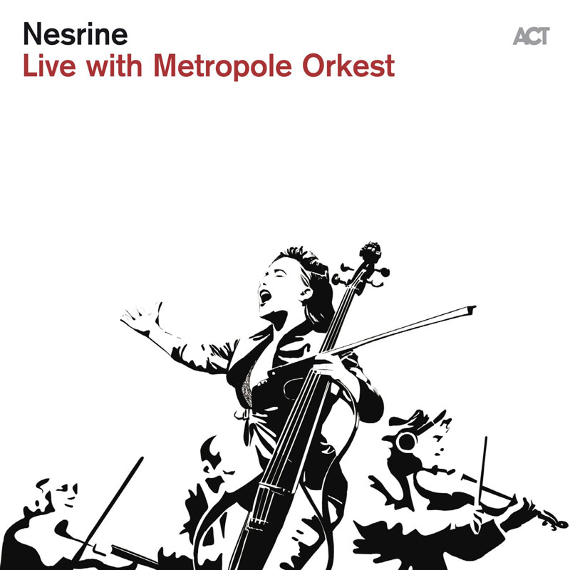 Nesrine Live with Metropole Orkest, portada del disco. Ilustración de la artistas y otros músicos en banco y negro.