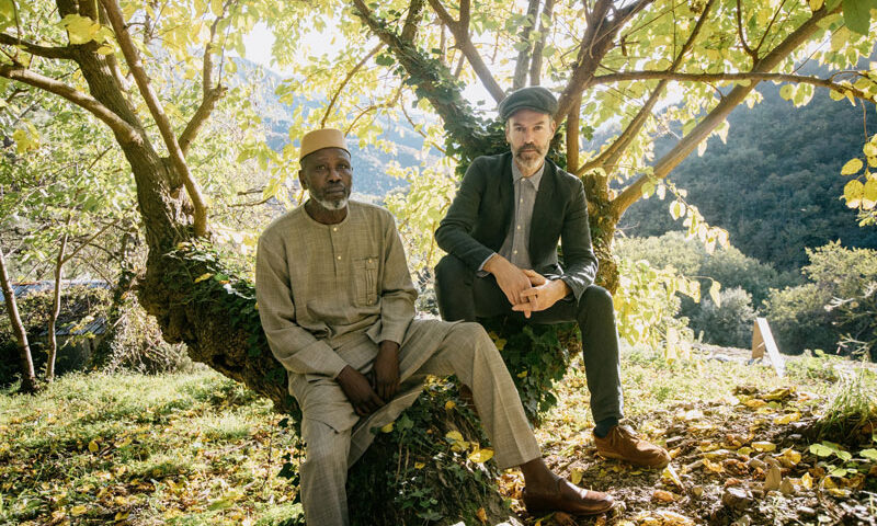 Foto de Piers Faccini y Ballaké Sissoko sentados sobre un árbol en el campo.