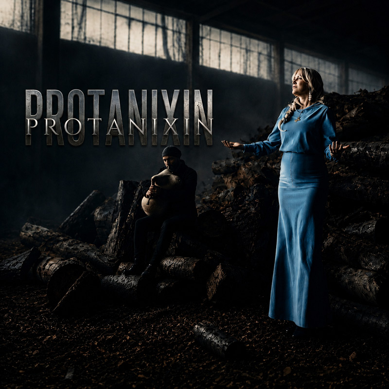 Stella Papalamprou — Protanixin. Foto e la cantante con vestido azul, dentro de un almacen.