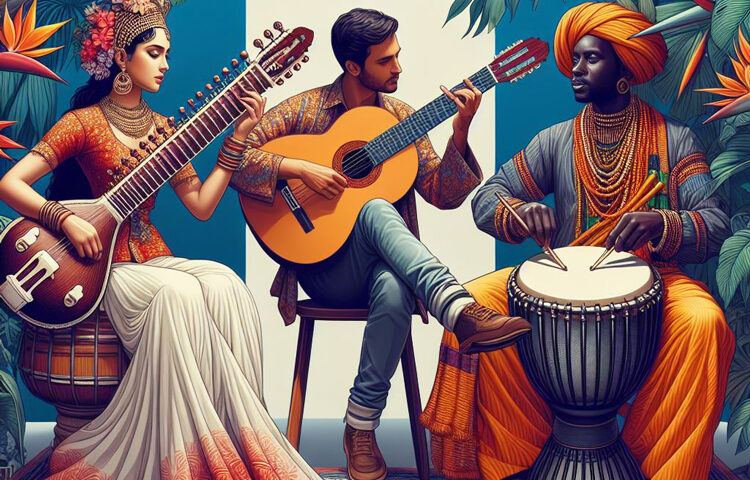 Músicos del mundo. Ilustración con mujer tocando un instrumento indio, un hombre tocando la guitarra y un percusionista africano.